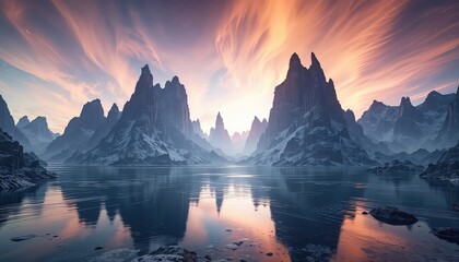 Majestic snow dusted mountain peaks tower over a serene lake bathed in the warm glow of a dramatic colorful sunset