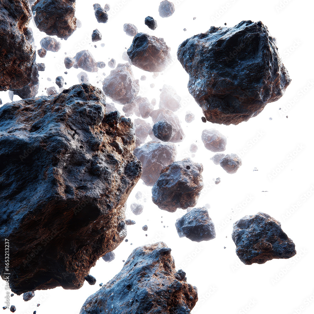 Poster asteroids floating in space with bright light illuminating the rocky surface and creating a cosmic a