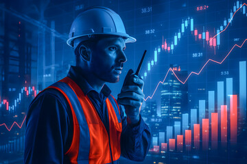 Construction worker with walkie talkie and financial data overlayed in background