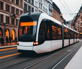 Modern tram driving through the city streets of Freiburg im Breisgau with its warm lights illuminating the urban landscape