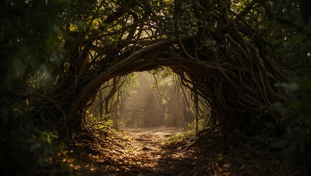 Venture into a sun-dappled forest tunnel formed by ancient, gnarled tree roots and branches. - Powered by Adobe