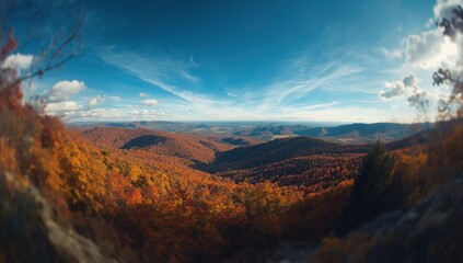 Naklejka premium Stunning autumn mountain vista with vibrant foliage under a vast, cloudy blue sky