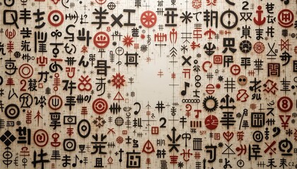 Obraz premium Abstract wallpaper with stylized symbols and signs in varying shades of brown, red, and black
