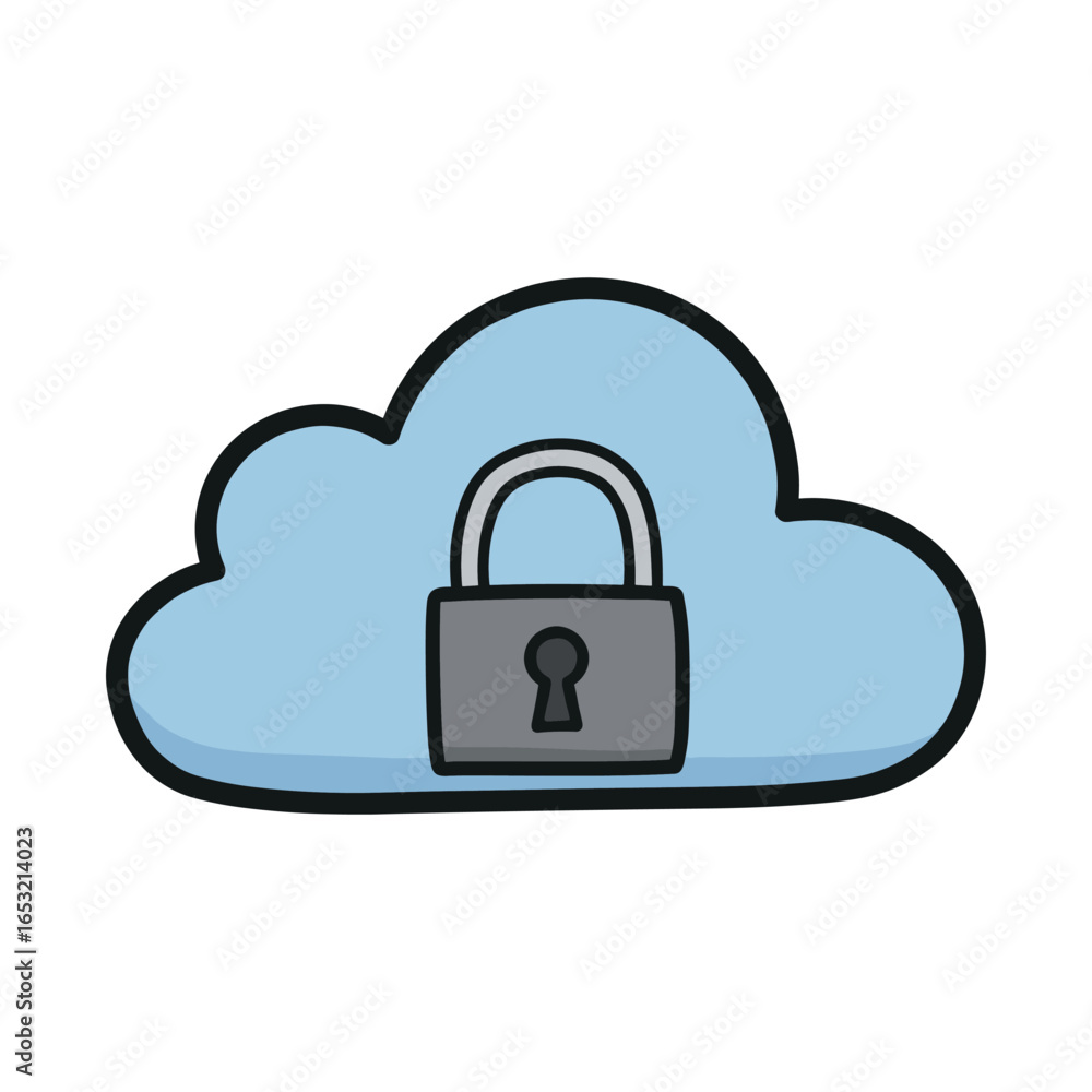 Poster cloud security icon with lock symbolizing safe data storage and protection in digital environment. v