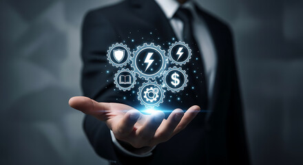 Businessman offering a holistic approach for success with innovative digital solutions and