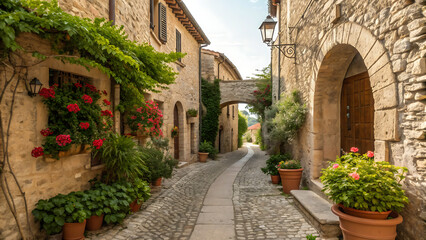 Fototapeta premium Alleyway in a rustic European village, lined with stone buildings.
