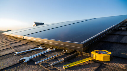 Naklejka premium Installing and maintaining solar panels on residential roof