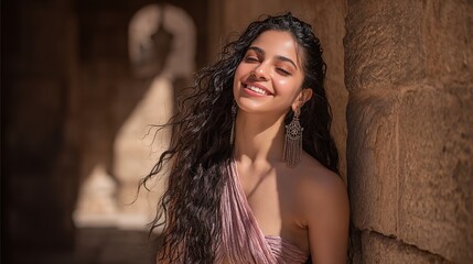 Fototapeta premium Smiling woman with ornate earrings leans against a stone wall, eyes closed, enjoying the sunlight. Radiant and serene expression.