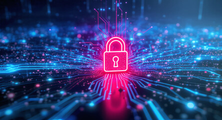Digital network security visualization: A bright red padlock icon glows intensely amidst intricate patterns of blue light trails and data points on a dark, futuristic grid.