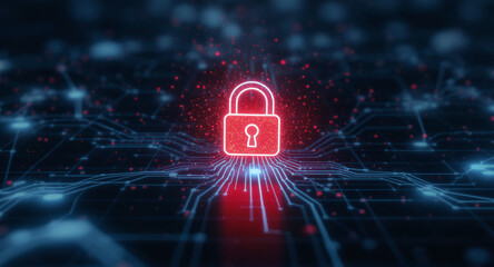Digital network security visualization: A bright red padlock icon glows intensely amidst intricate patterns of blue light trails and data points on a dark, futuristic grid.