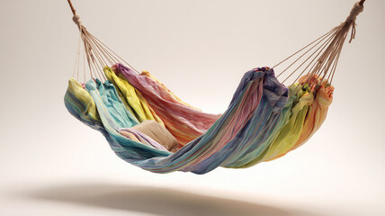 Colorful hammock hanging against plain background