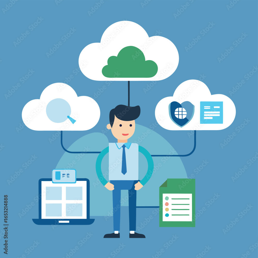 Poster vector art of man managing cloud computing technology with data security, information access, and di