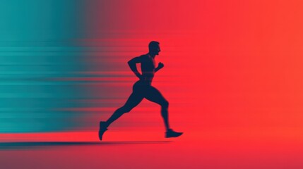 Silhouette of a sportsman running very fast with a colorful red and turquoise background and motion blur effect