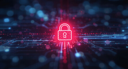 Digital network security visualization: A bright red padlock icon glows intensely amidst intricate patterns of blue light trails and data points on a dark, futuristic grid.