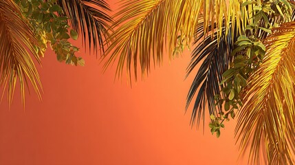 Fototapeta premium Golden palm leaves and greenery against a coral background.