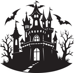  Spooky Halloween Castle Silhouette at Night – Haunted Gothic Tower Against Moonlight
