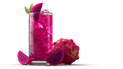 Refreshing dragon fruit juice with ice in a tall glass next to slices of the fruit on a white backdrop.