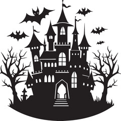  Spooky Halloween Castle Silhouette at Night – Haunted Gothic Tower Against Moonlight
