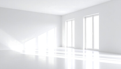Fototapeta premium Bright Sunlight Streaming Through Windows in a Minimalist White Room Interior Design