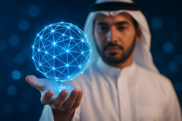 Arab businessman holding a glowing digital globe representing technology and innovation