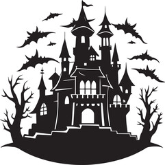  Spooky Halloween Castle Silhouette at Night – Haunted Gothic Tower Against Moonlight
