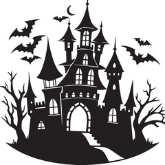  Spooky Halloween Castle Silhouette at Night – Haunted Gothic Tower Against Moonlight
