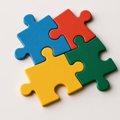 Obraz premium AI-generated image of colorful puzzle pieces interlocking seamlessly on a clean white background, symbolizing teamwork, problem-solving, and finding solutions.