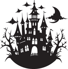  Spooky Halloween Castle Silhouette at Night – Haunted Gothic Tower Against Moonlight
