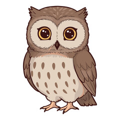 Fototapeta premium Cute cartoon owl with big eyes and brown feathers on white background. Vector illustration