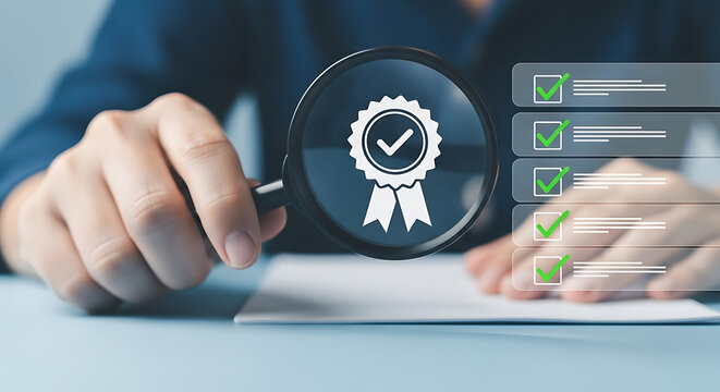 Magnifying glass showcasing quality assurance and checklist validation concept in business process
