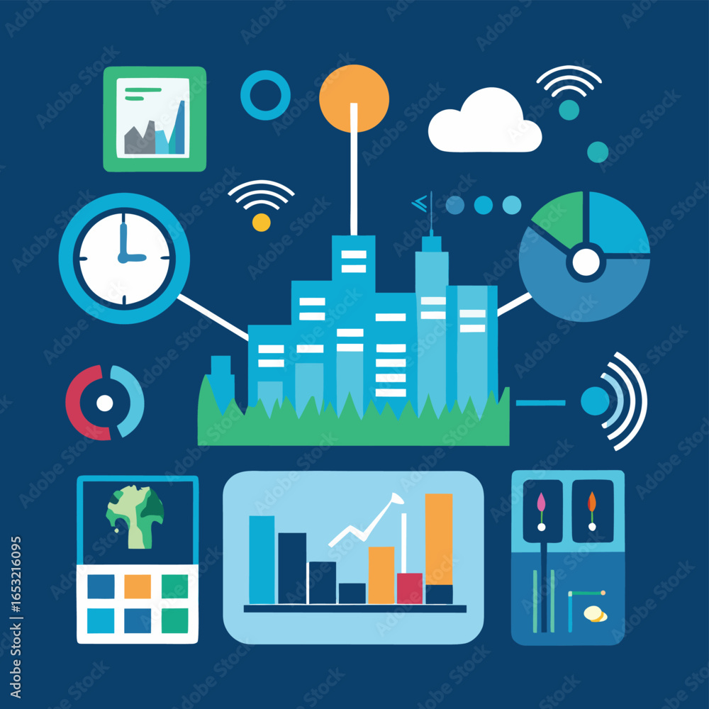 Poster vector art of smart city technology concept with interconnected buildings, data analysis graphs, wir