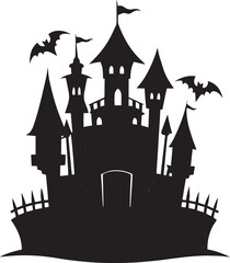  Spooky Halloween Castle Silhouette at Night – Haunted Gothic Tower Against Moonlight
