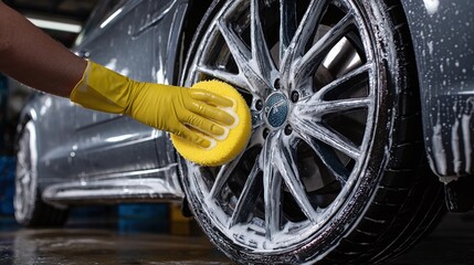 A gloved hand cleans a modern car wheel with a yellow sponge. The car is gray and covered in soap. The tire and rim get a good scrub.