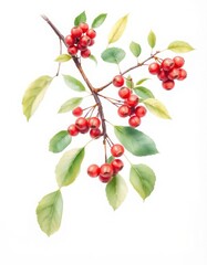 Fresh red hawthorn berries on a branch with green and yellow leaves, isolated on white background, botanical detail.