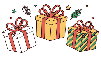 Flat Vector Christmas Gift Box Set with Ribbons and Bows