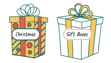 Flat Vector Christmas Gift Box Set with Ribbons and Bows