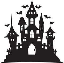  Spooky Halloween Castle Silhouette at Night – Haunted Gothic Tower Against Moonlight
