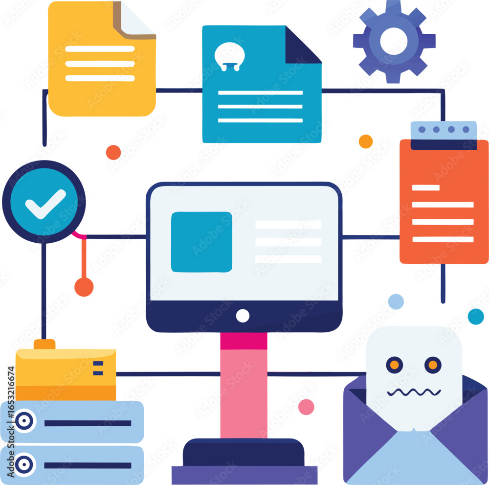 Poster vector art of technology and data management concept with computers, servers, documents, and a robot