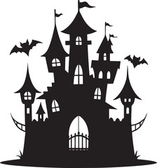  Spooky Halloween Castle Silhouette at Night – Haunted Gothic Tower Against Moonlight
