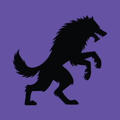 mythical creature artwork of wild wolf man silhouette vector with menacing posture fangs claws on purple background pack