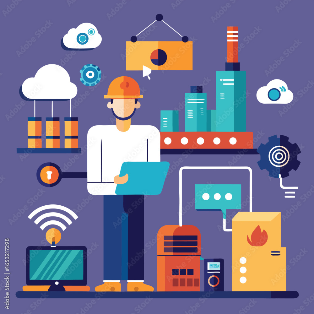 Poster vector art of industrial technology and automation concept with a factory, engineer, robots, and dat