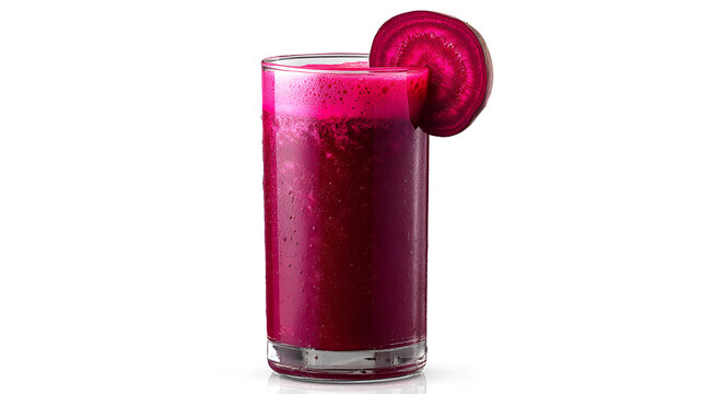 Vibrant beet juice in a glass, garnished with a beet slice. Refreshing and healthy drink.