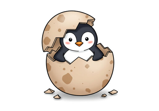 A cartoon penguin hatching from a speckled egg with shell fragments around the bottom