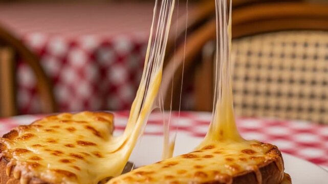 Delicious Croque Monsieur: A cheesy, toasted sandwich with melted cheese pull, perfect for a satisfying meal