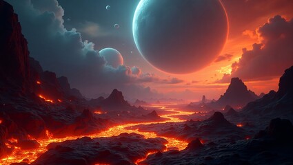 Otherworldly volcanic planet with glowing lava rivers and multiple moons