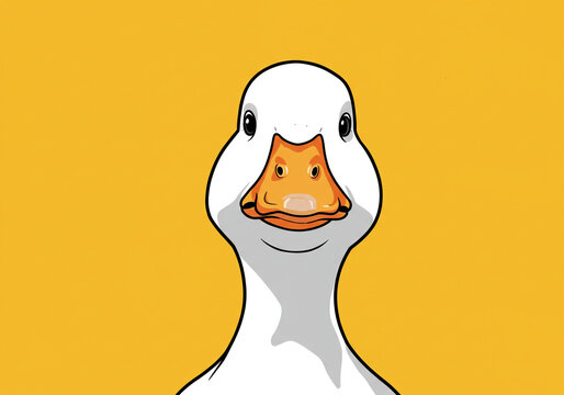 Cartoon illustration of a white duck with an orange beak on a yellow background close up view