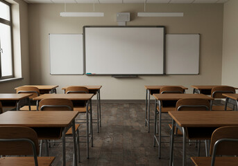 Fototapeta premium A classroom featuring rows of wooden desks and chairs facing a whiteboard on the wall