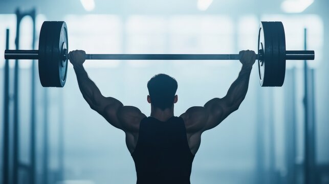 Muscular athlete lifting heavy barbell over his head, demonstrating strength and power in dimly lit gym environment