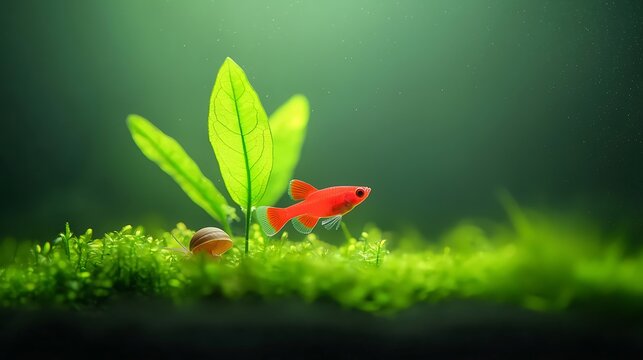 Two small fish swim among lush green aquarium plants