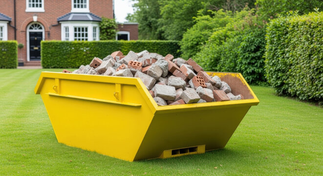 Yellow skip container full of rubble bricks on green front lawn. Home renovation construction project. Domestic waste junk removal service. Improvement demolition concept. Global Recycling Day.
